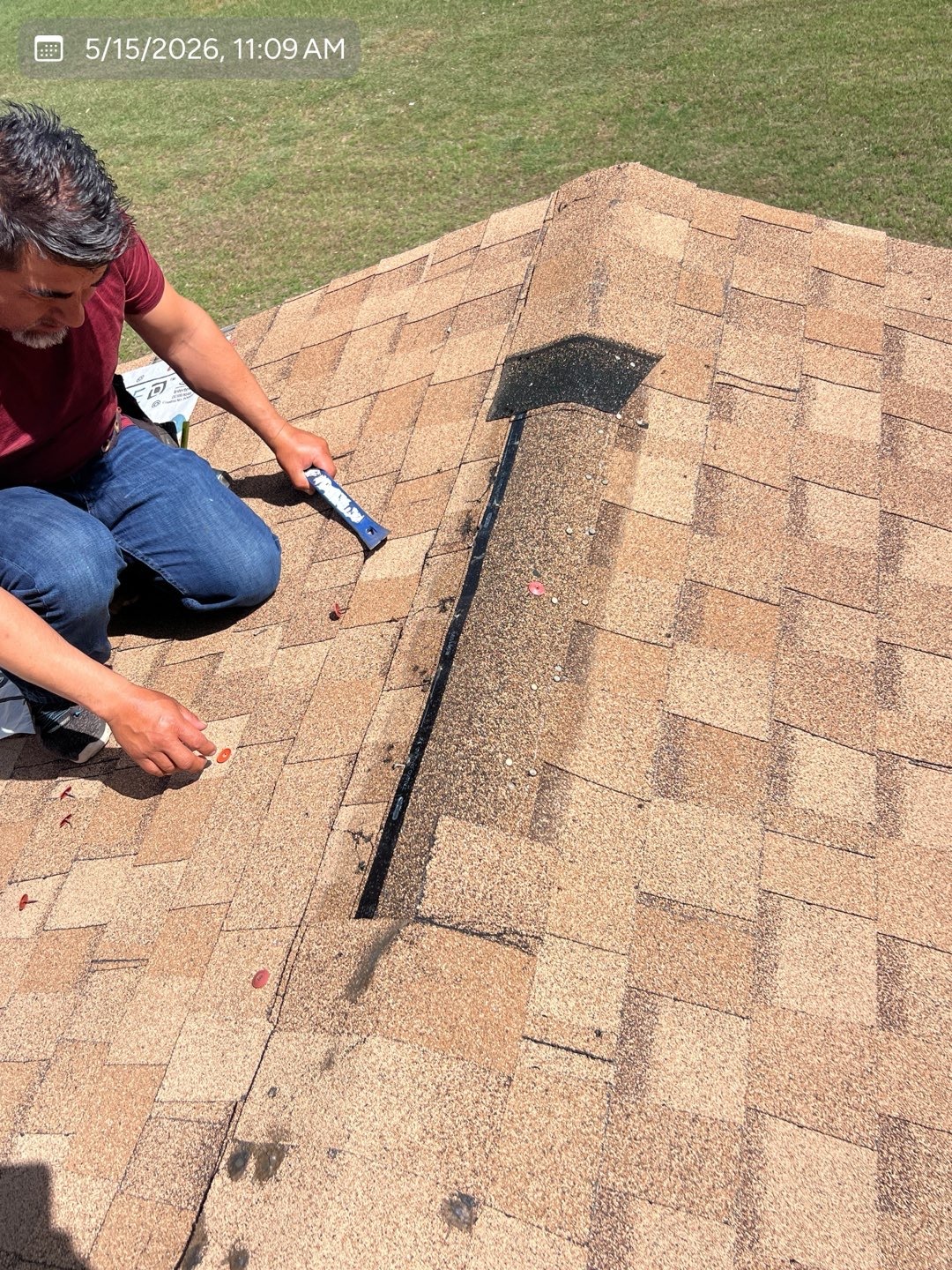MVP crew member completing localized shingle repair work